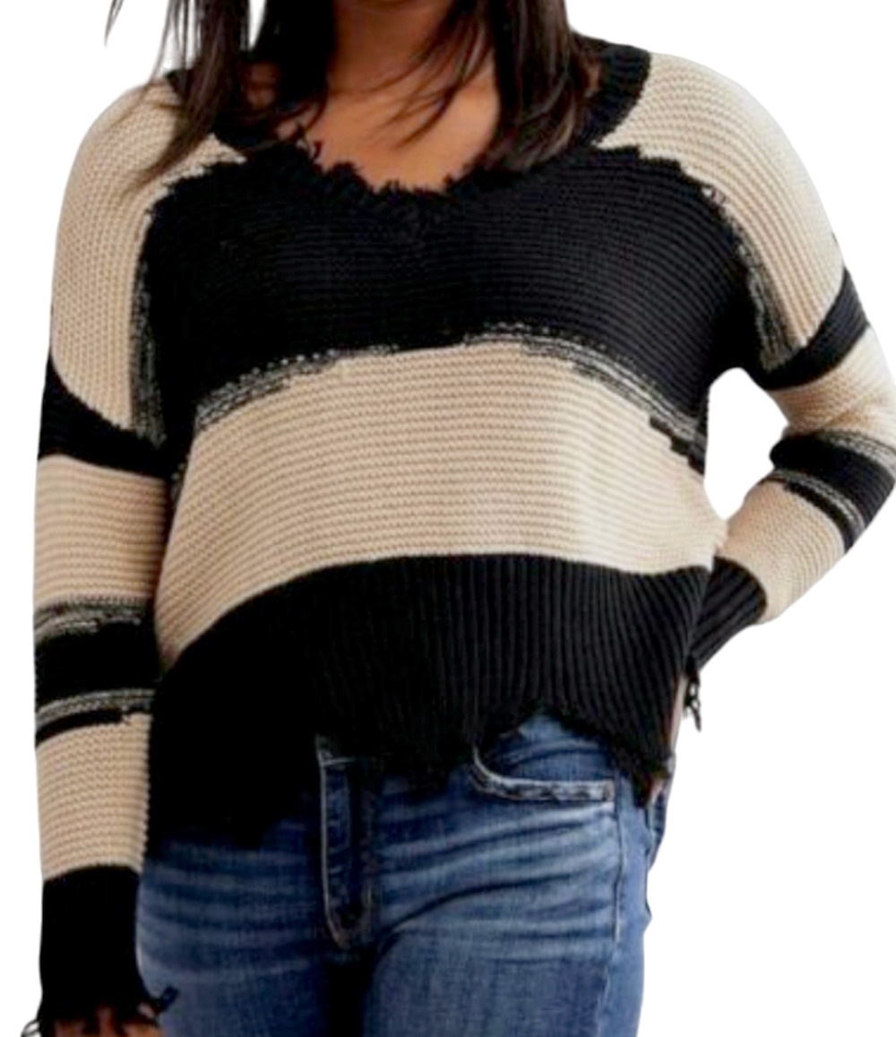 NEW WHITE CROW TAN BLACK HOPE STRIPED SHREDDED BOXY V-NECK SWEATER SMALL BUCKLE